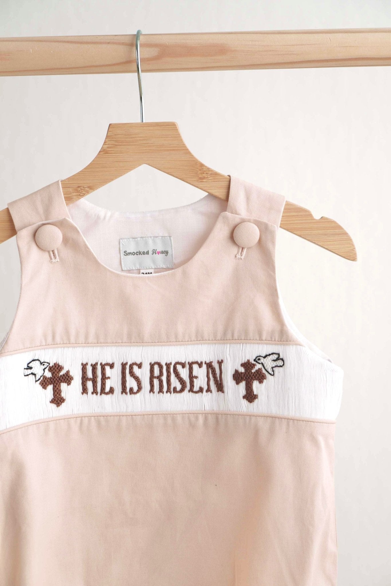 Khaki he is risen hand-smocked boy bubble - Abbies Place