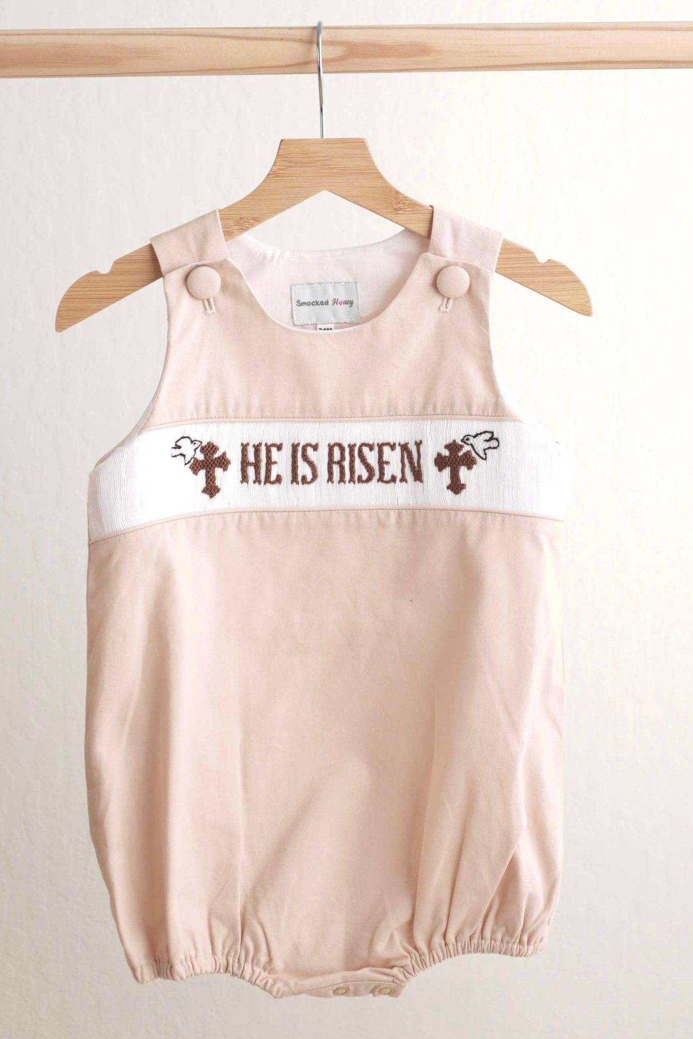 Khaki he is risen hand-smocked boy bubble - Abbies Place
