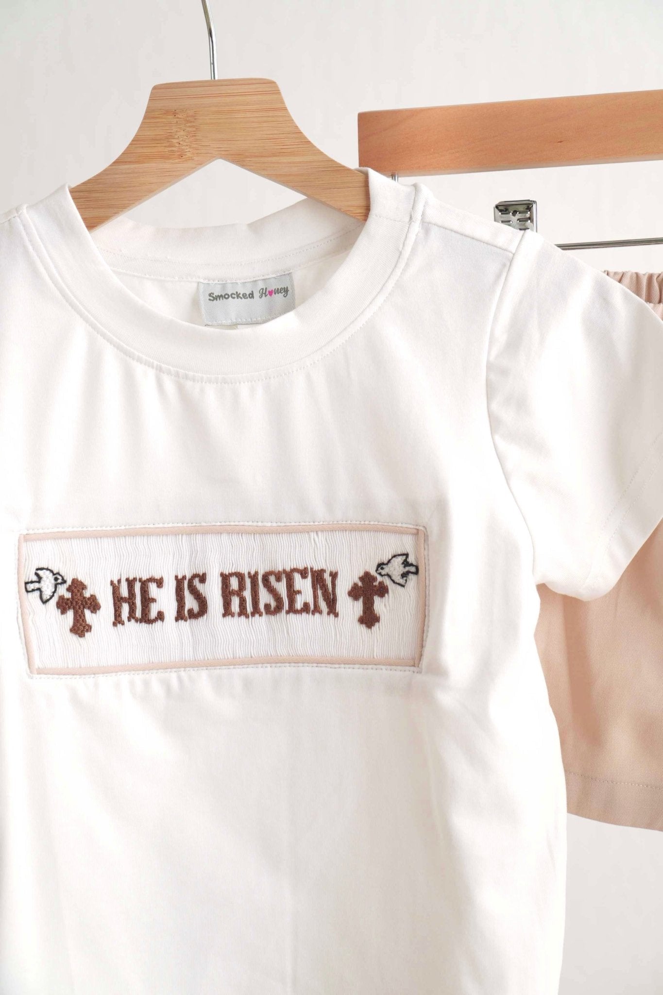 Khaki he is risen hand-smocked boy set - Abbies Place