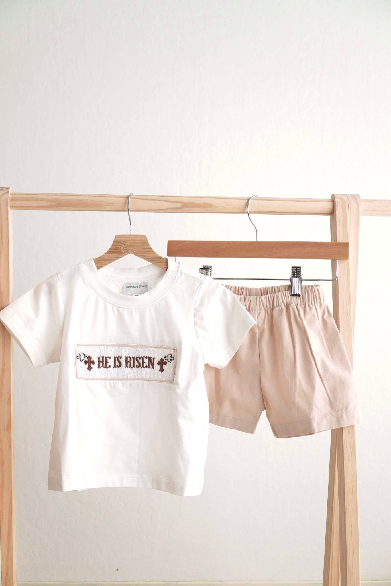 Khaki he is risen hand-smocked boy set - Abbies Place