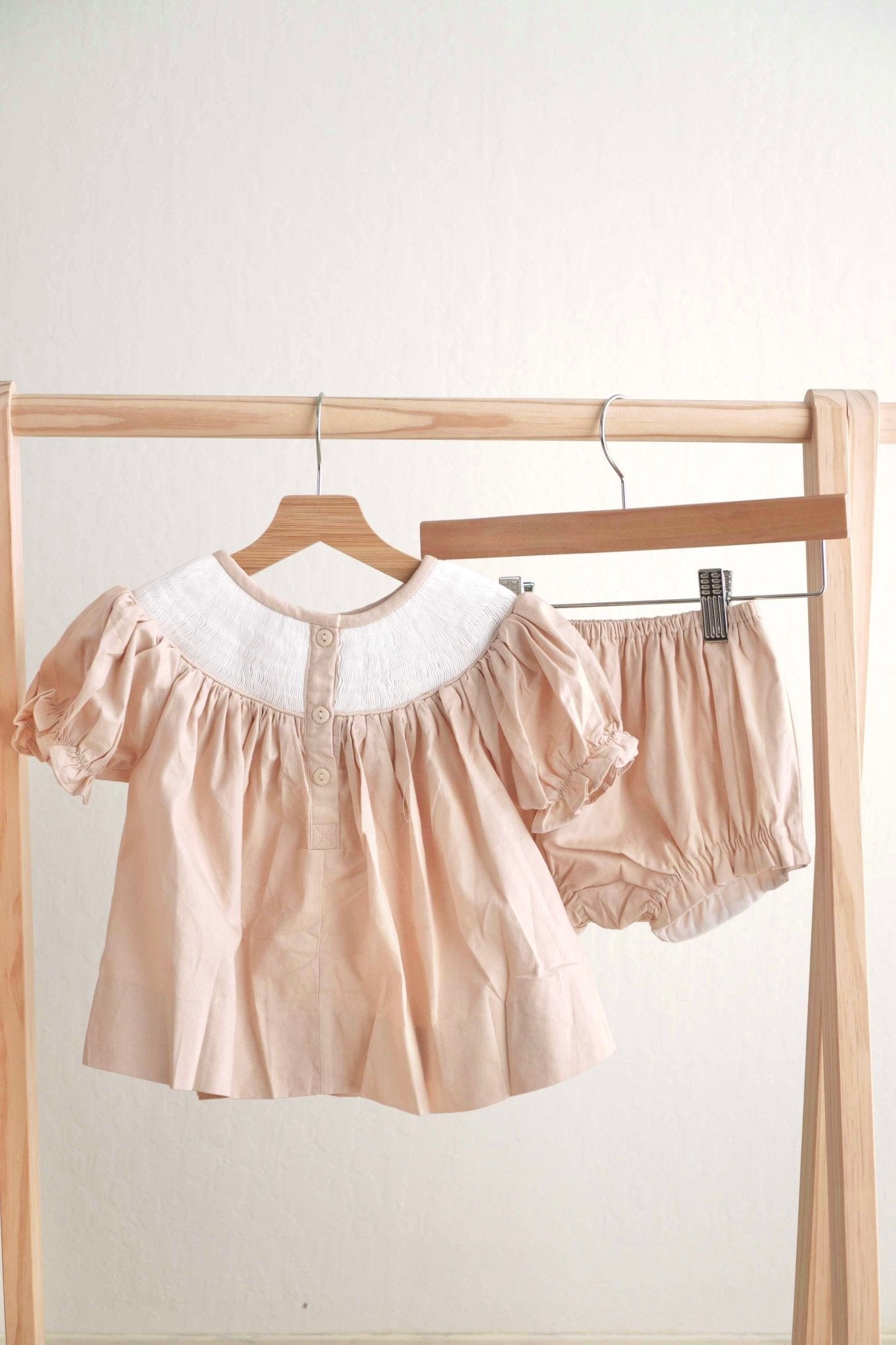 Khaki he is risen hand-smocked girl bloomer set - Abbies Place