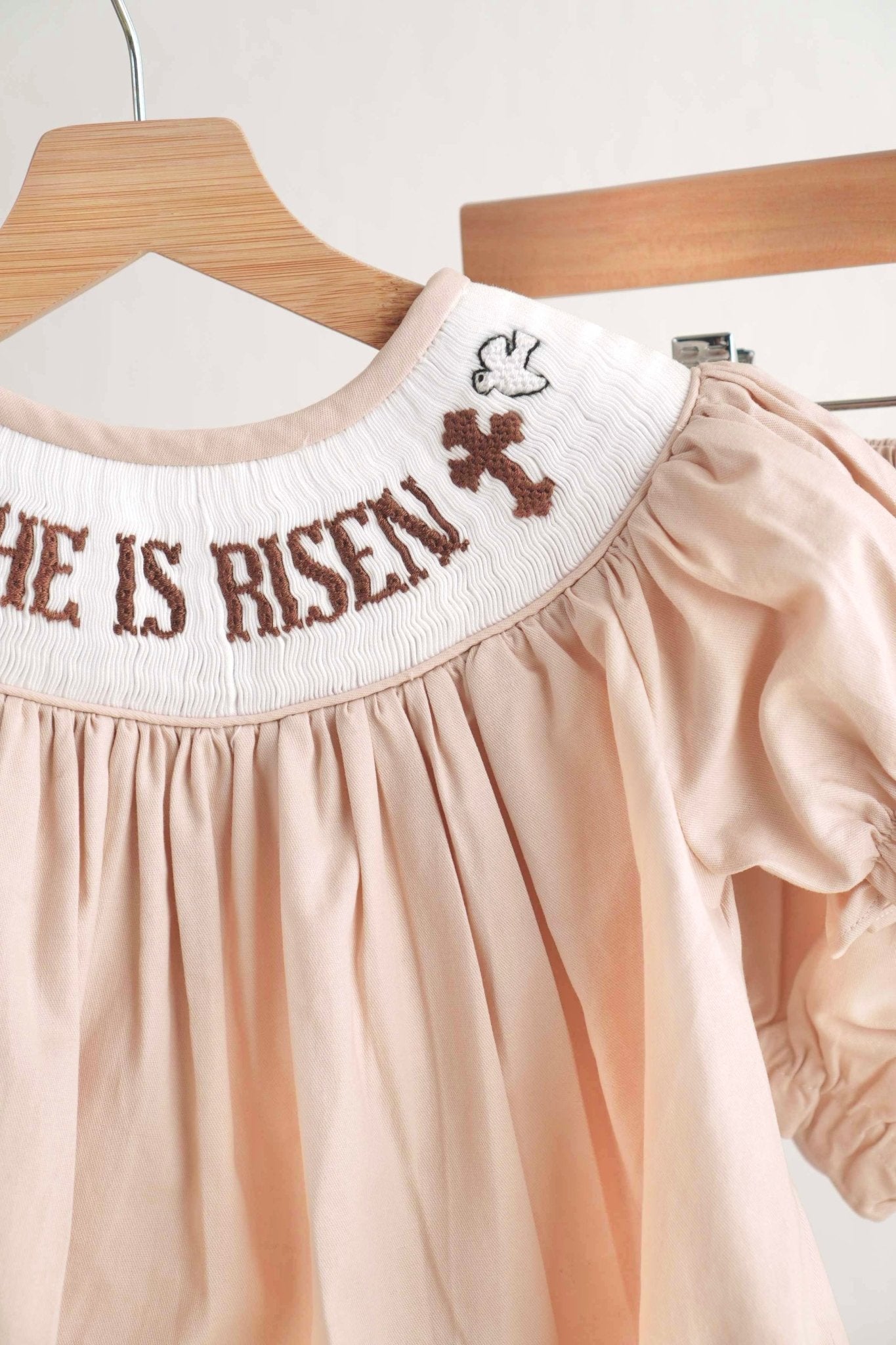 Khaki he is risen hand-smocked girl bloomer set - Abbies Place