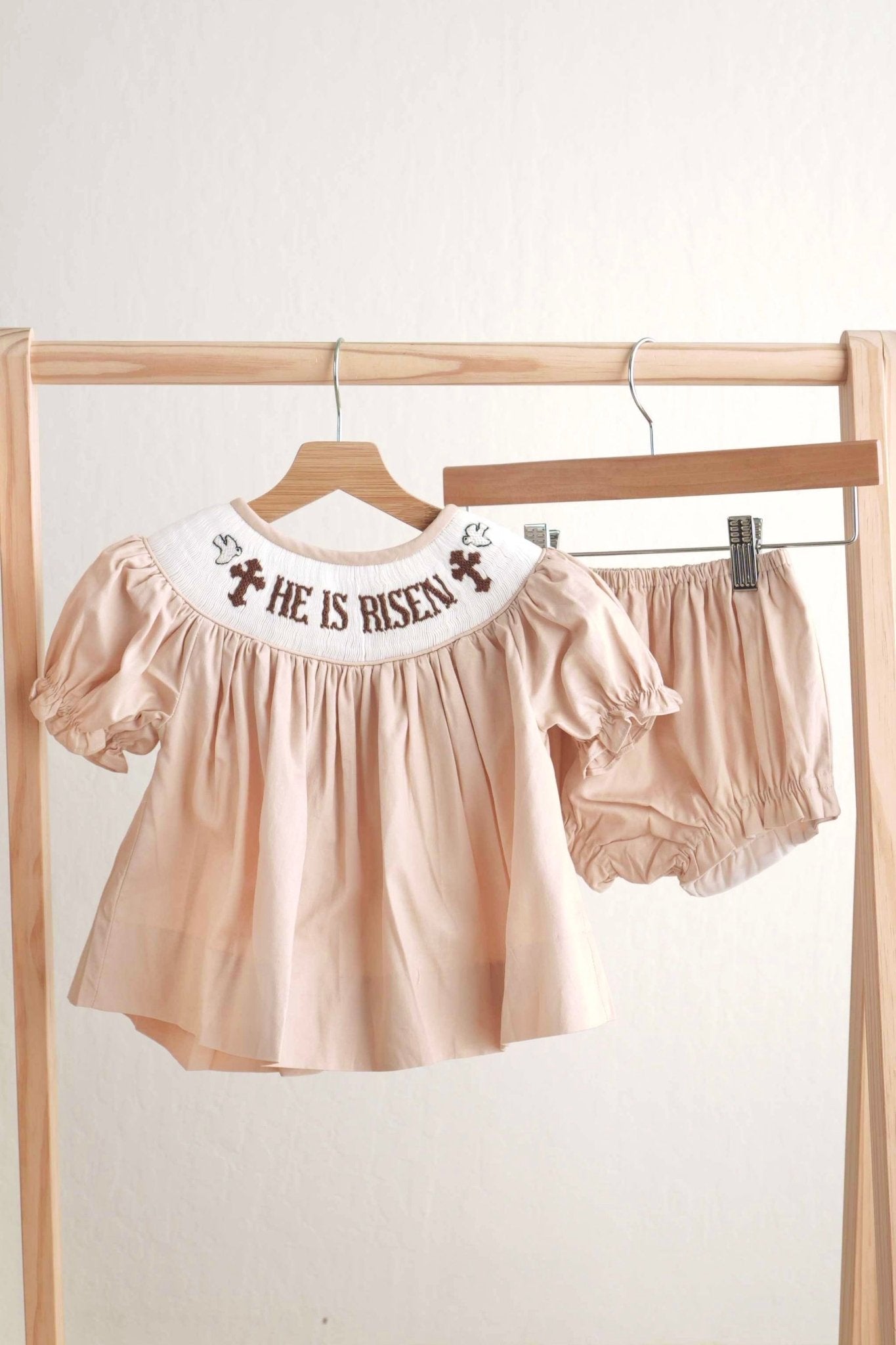 Khaki he is risen hand-smocked girl bloomer set - Abbies Place