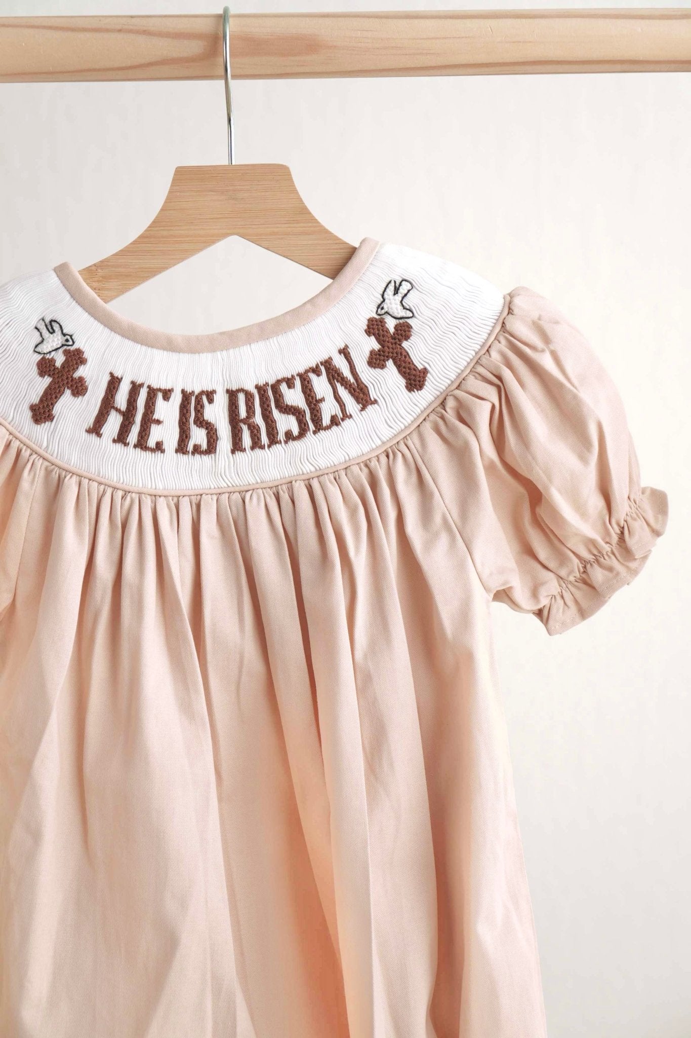 Khaki he is risen hand - smocked girl bubble - Abbies Place