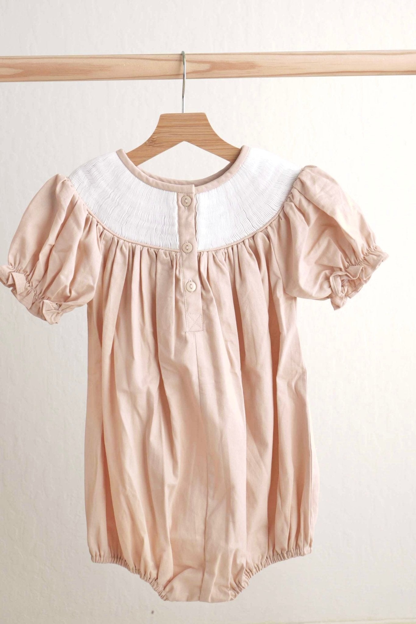 Khaki he is risen hand-smocked girl bubble - Abbies Place
