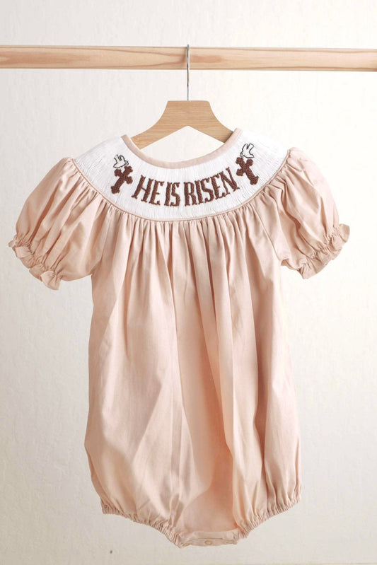 Khaki he is risen hand-smocked girl bubble - Abbies Place