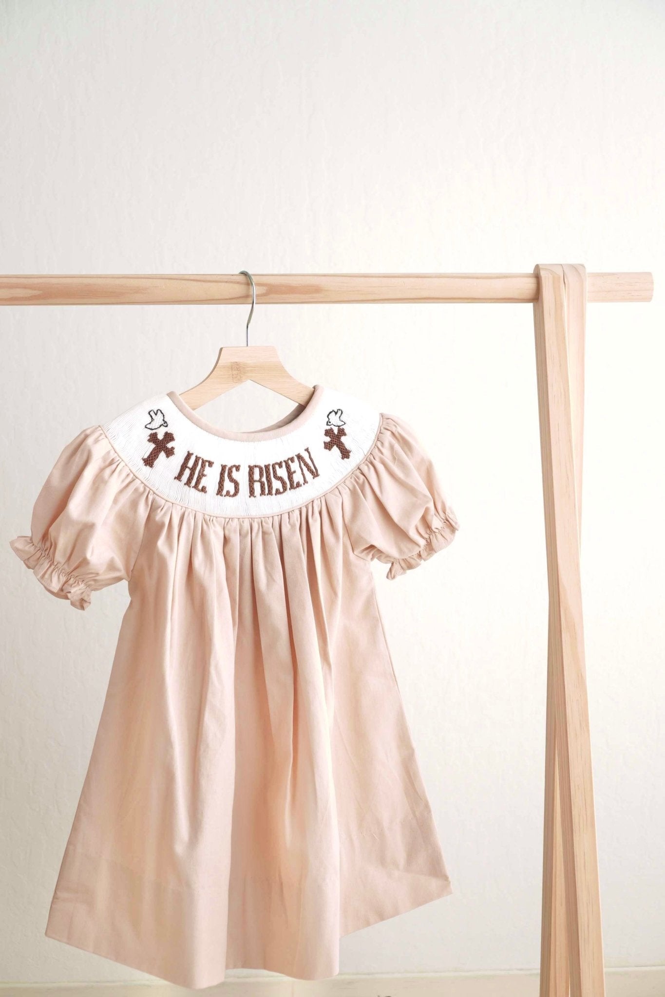 Khaki he is risen hand-smocked girl dress - Abbies Place