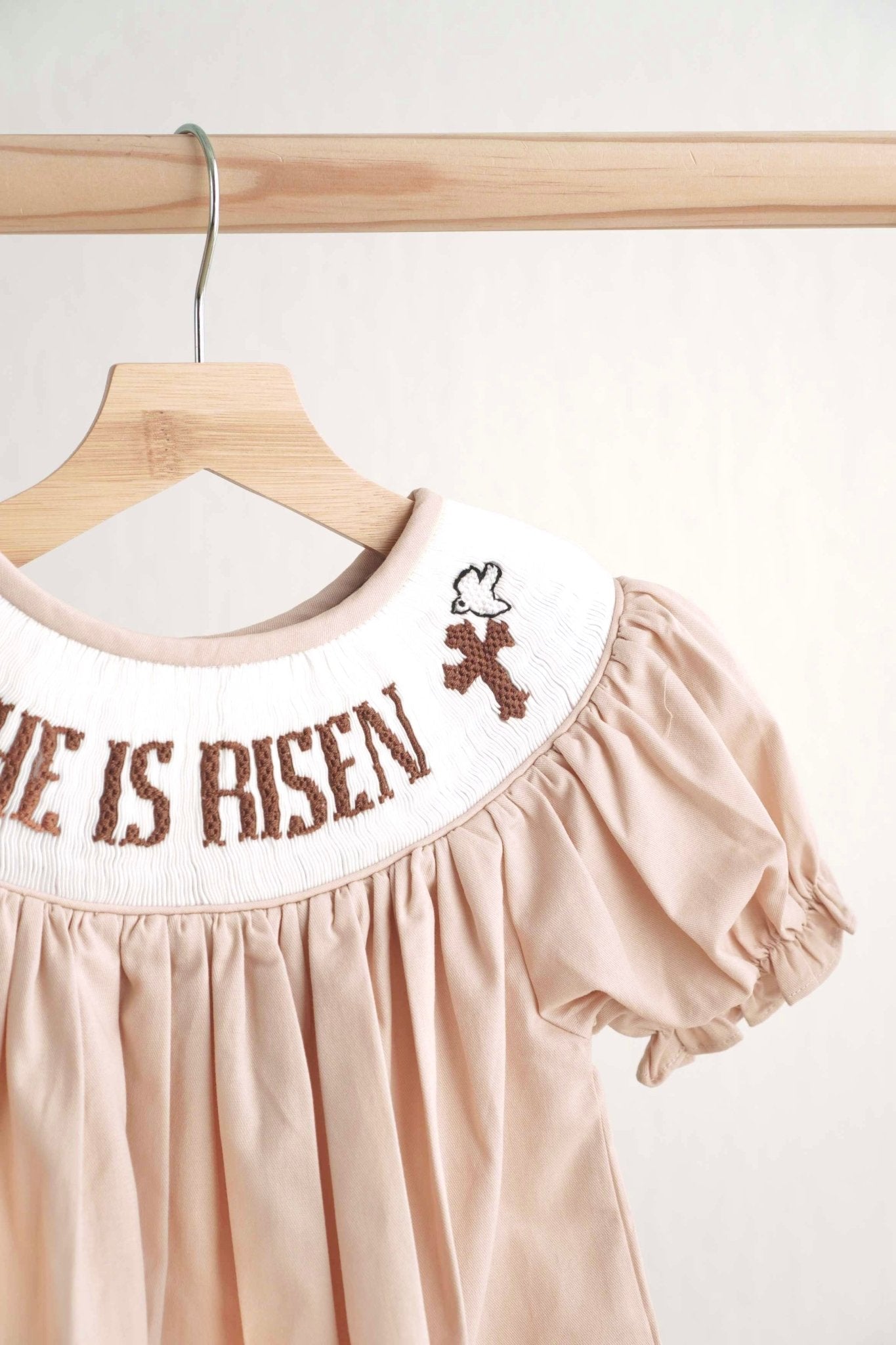 Khaki he is risen hand-smocked girl dress - Abbies Place