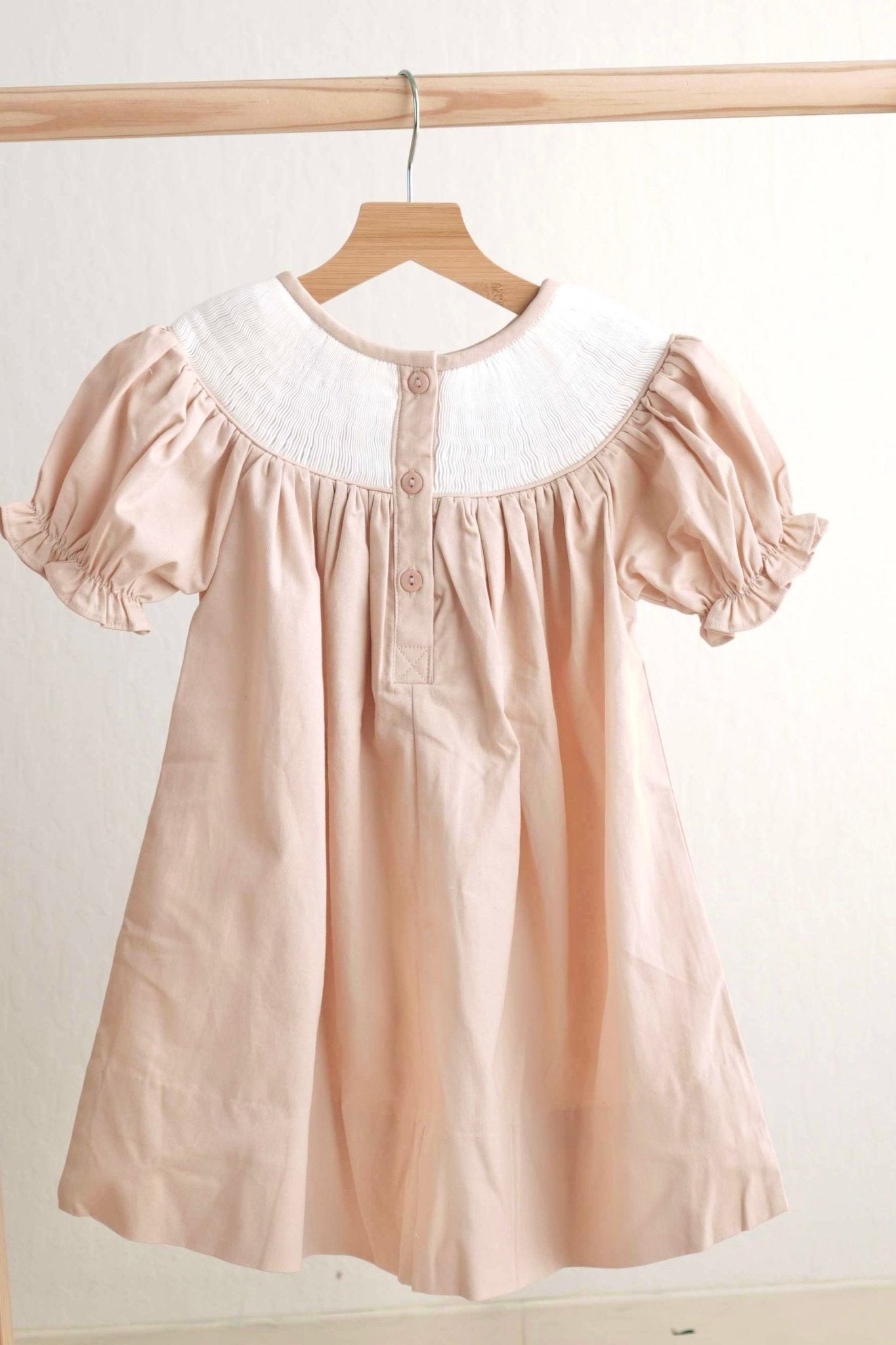 Khaki he is risen hand-smocked girl dress - Abbies Place