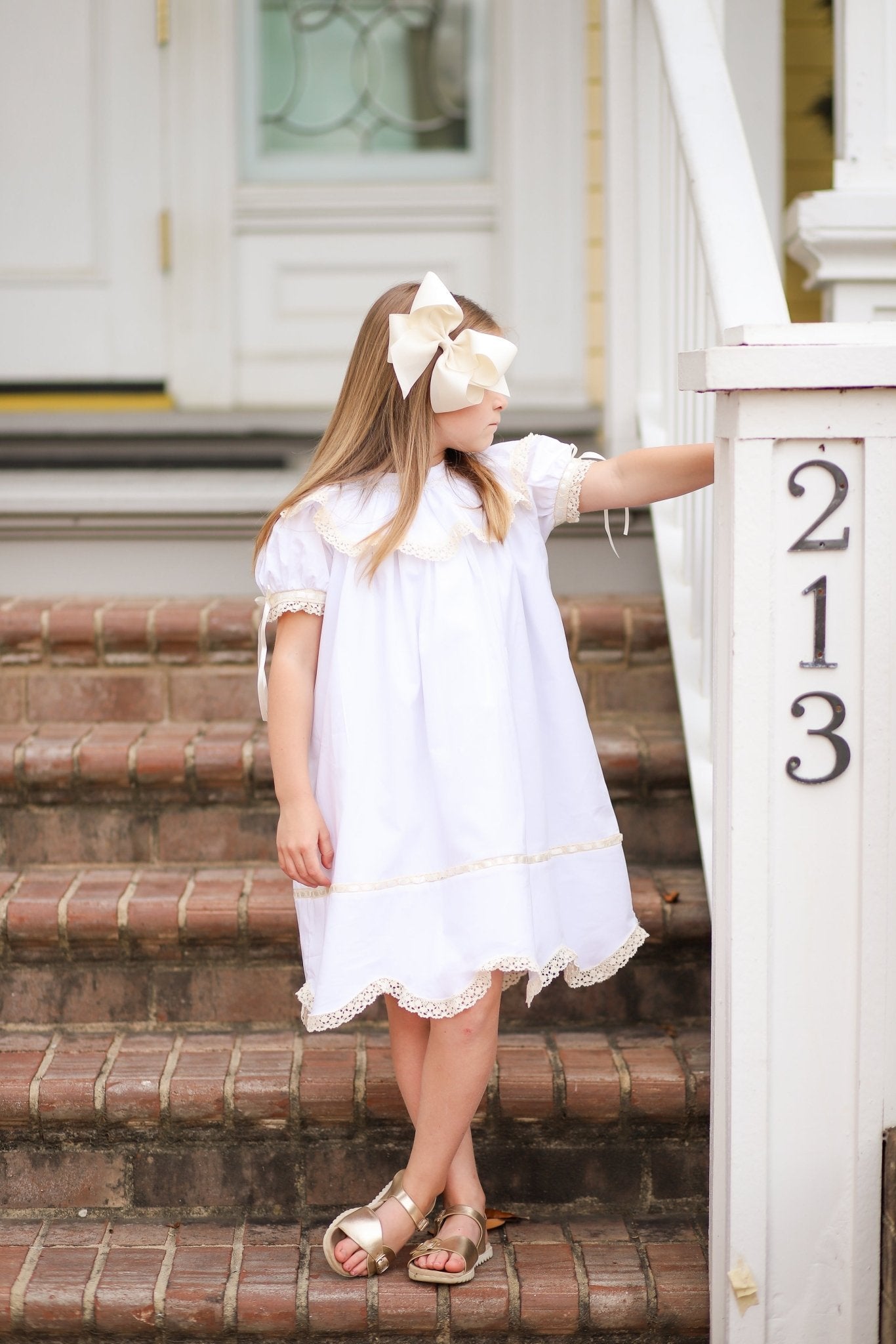Lancaster Beaded Bishop Collar White Sleeved Girls' Heirloom Dress - Abbies Place