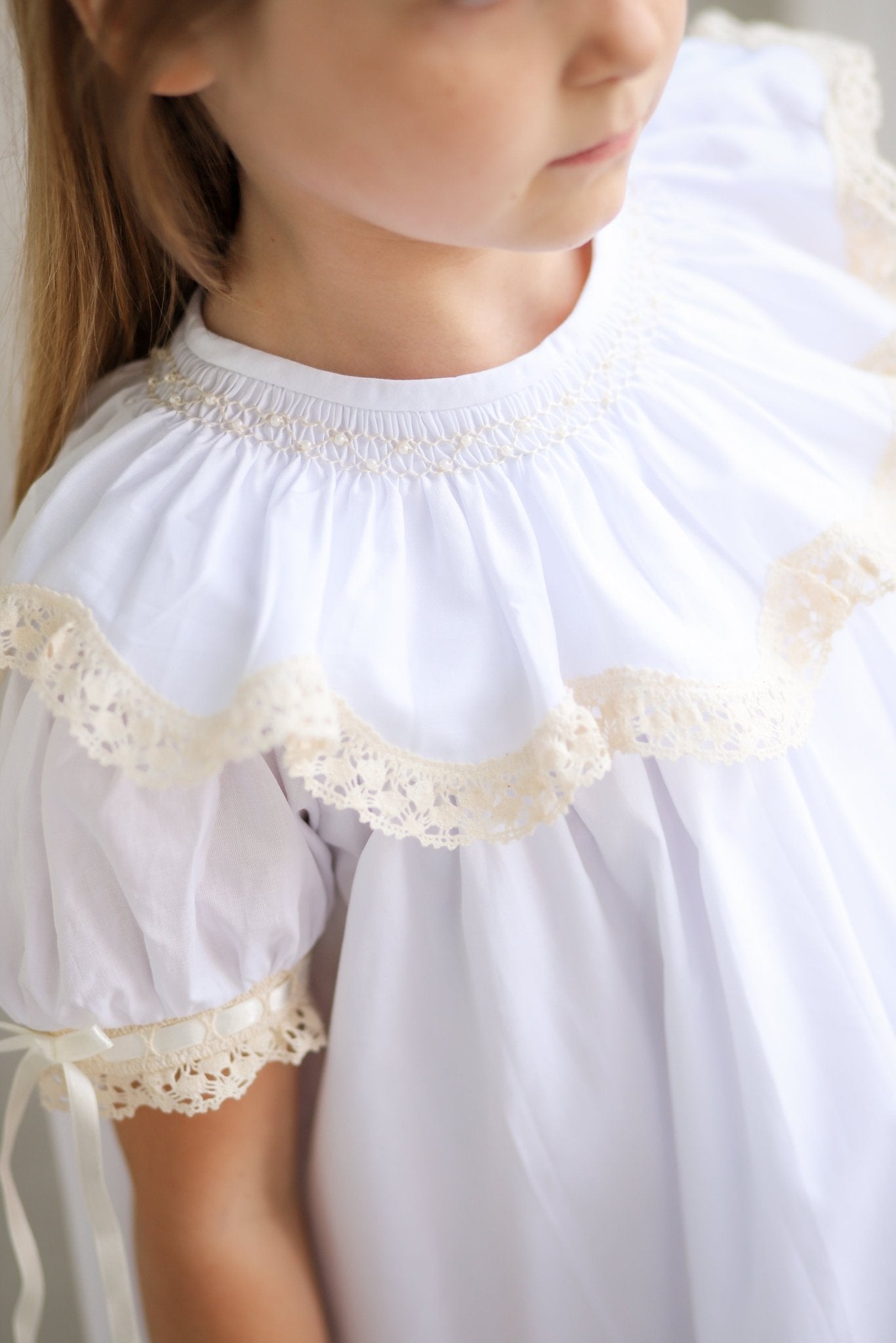 Lancaster Beaded Bishop Collar White Sleeved Girls' Heirloom Dress - Abbies Place