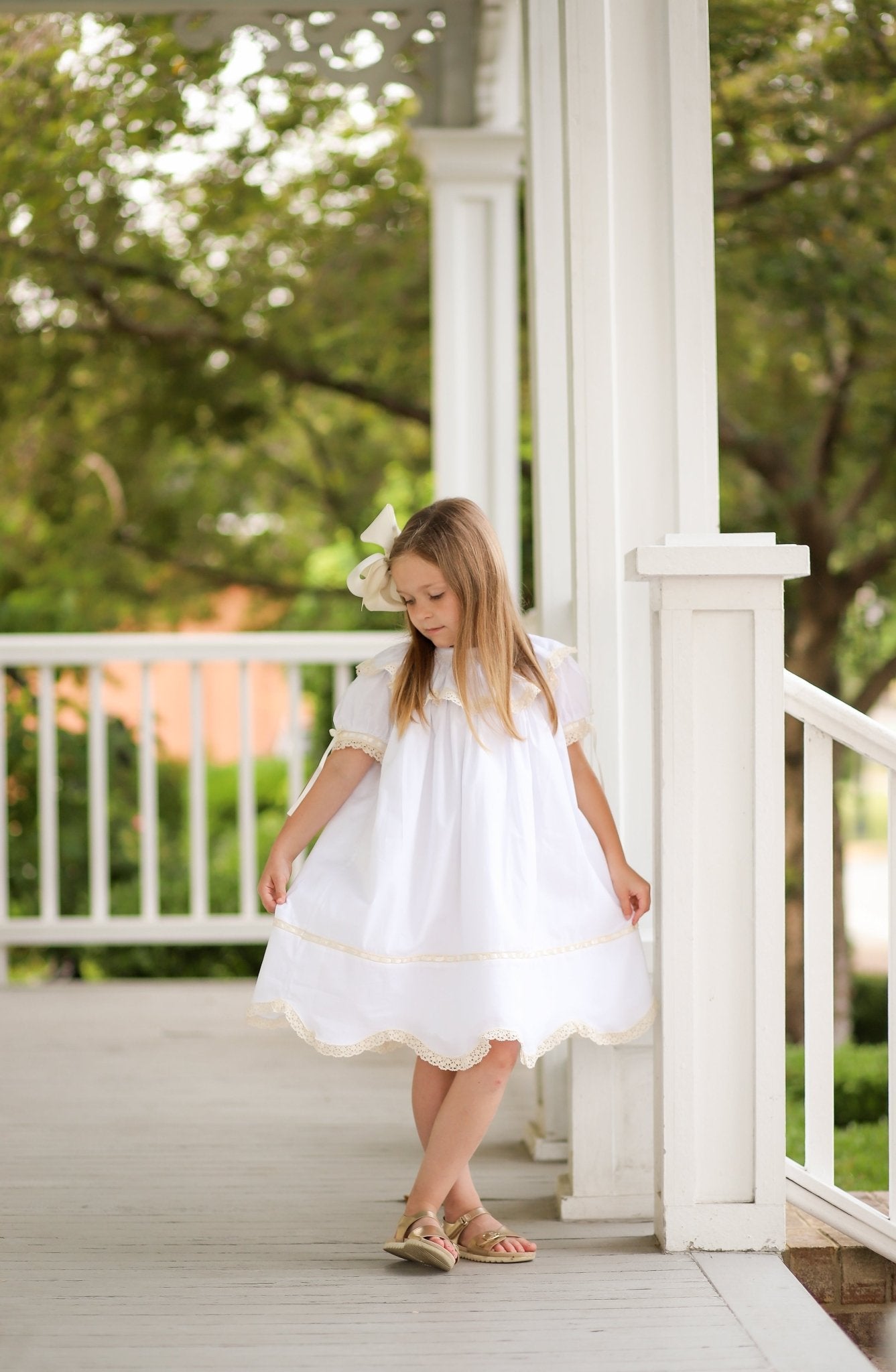 Lancaster Beaded Bishop Collar White Sleeved Girls' Heirloom Dress - Abbies Place