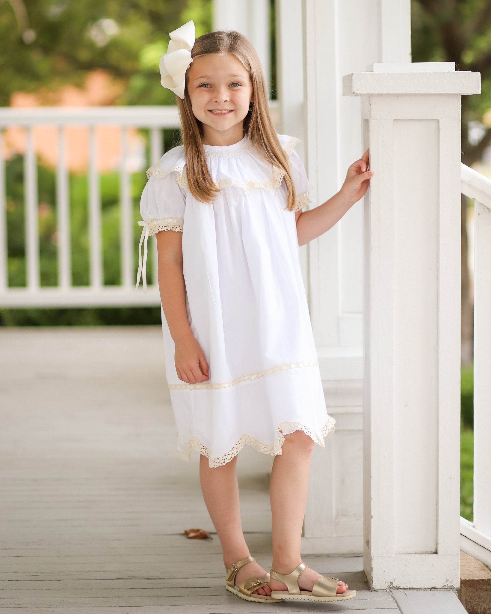 Lancaster Beaded Bishop Collar White Sleeved Girls' Heirloom Dress - Abbies Place