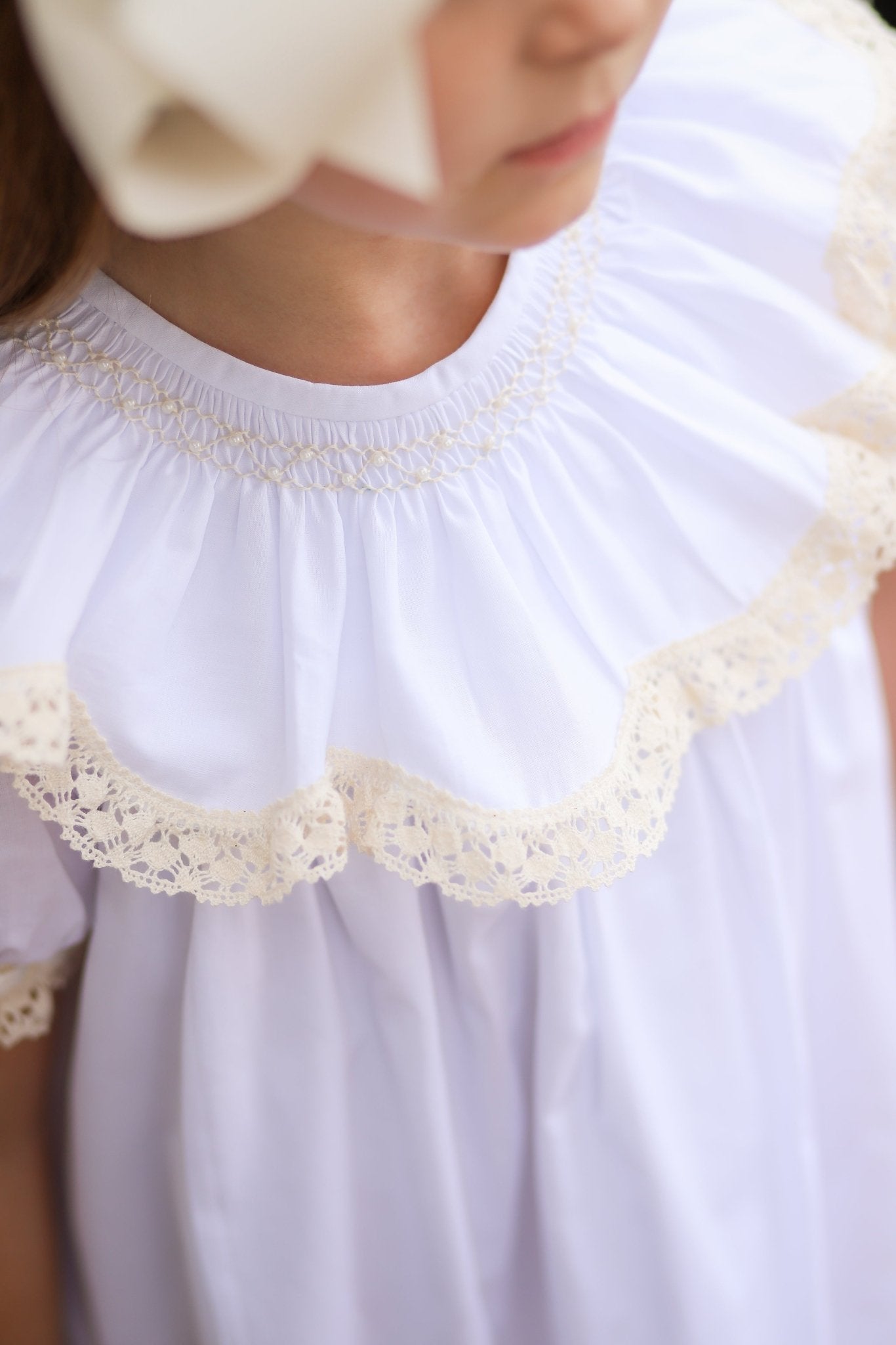 Lancaster Beaded Bishop Collar White Sleeved Girls' Heirloom Dress - Abbies Place
