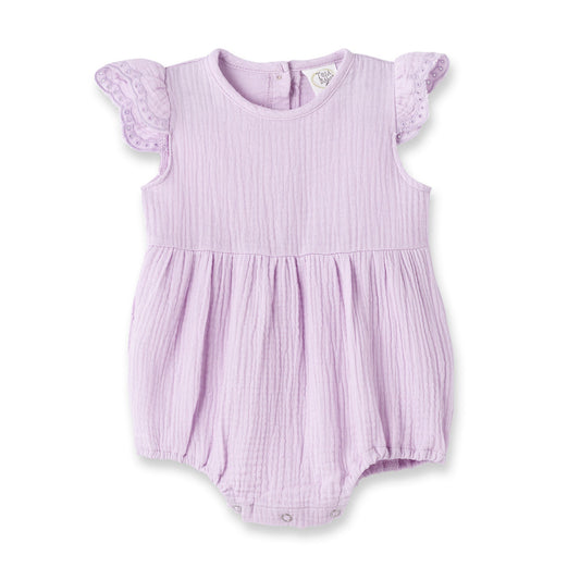 Lavendar Gauze Baby Bodysuit w/Eyelet Flutter Sleeves - Abbies Place