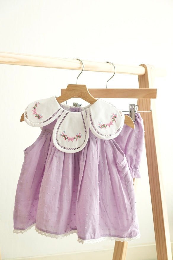 Lavender floral bow embroidery swiss dot girl bloomer set - Abbies Place