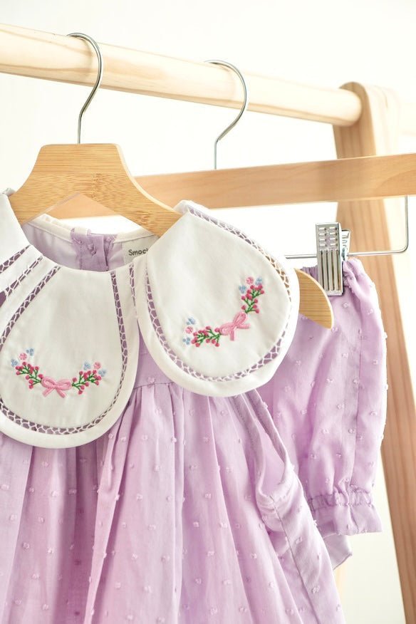 Lavender floral bow embroidery swiss dot girl bloomer set - Abbies Place
