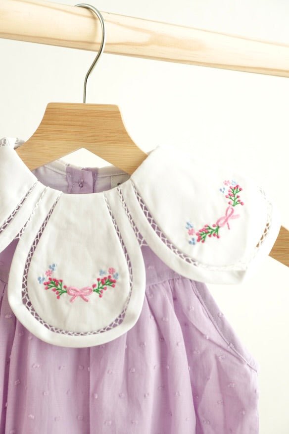 Lavender floral bow embroidery swiss dot girl bubble - Abbies Place