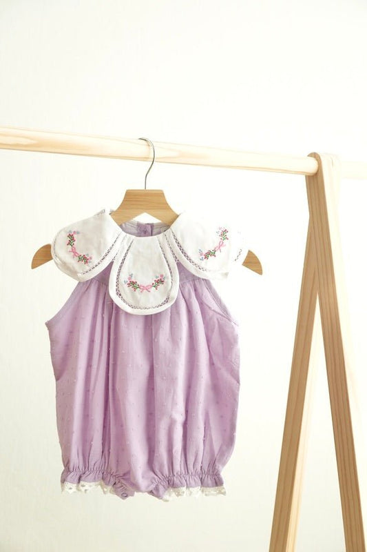 Lavender floral bow embroidery swiss dot girl bubble - Abbies Place