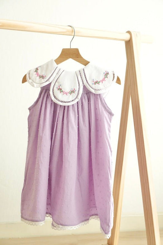 Lavender floral bow embroidery swiss dot girl dress - Abbies Place
