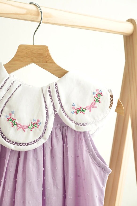 Lavender floral bow embroidery swiss dot girl dress - Abbies Place
