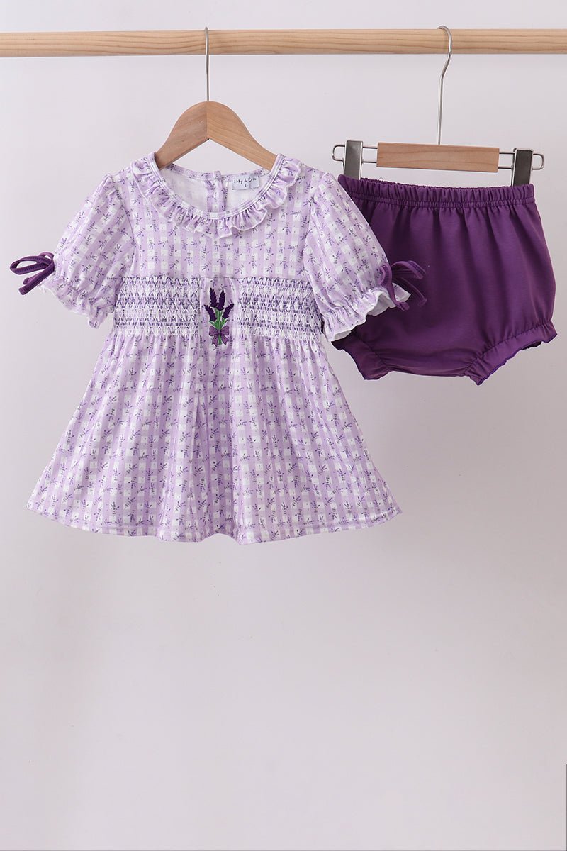 Lavender floral smocked ruffle bloomer set - Abbies Place