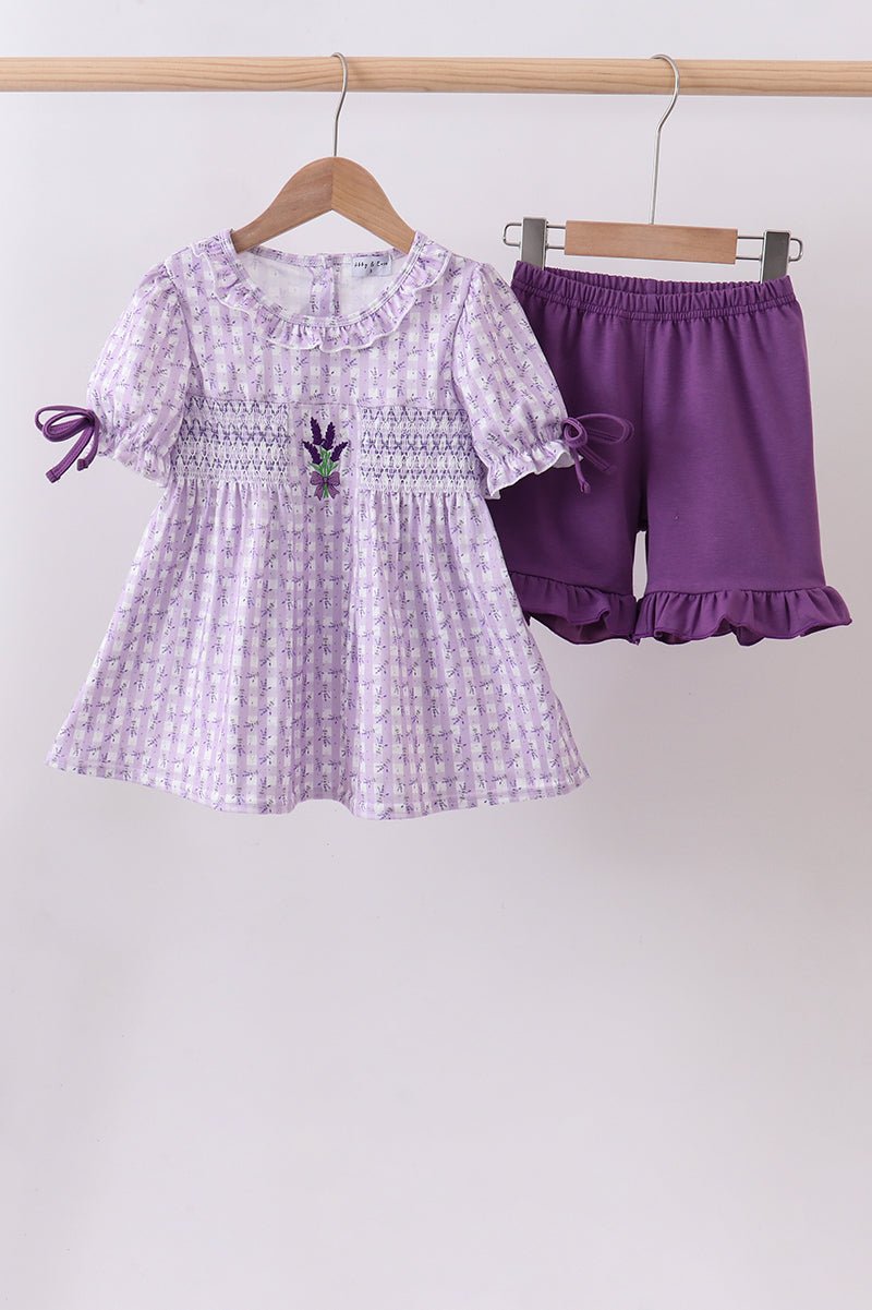 Lavender floral smocked ruffle shorts set - Abbies Place