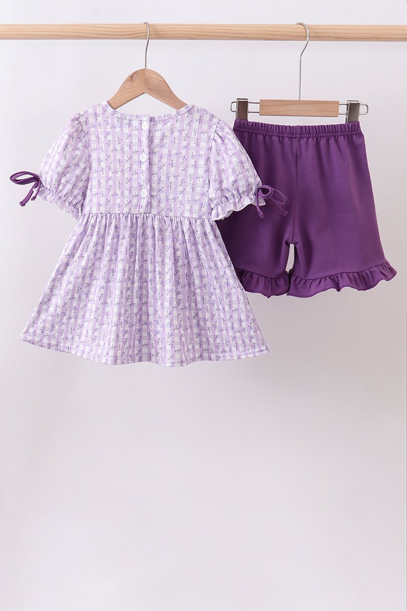 Lavender floral smocked ruffle shorts set - Abbies Place