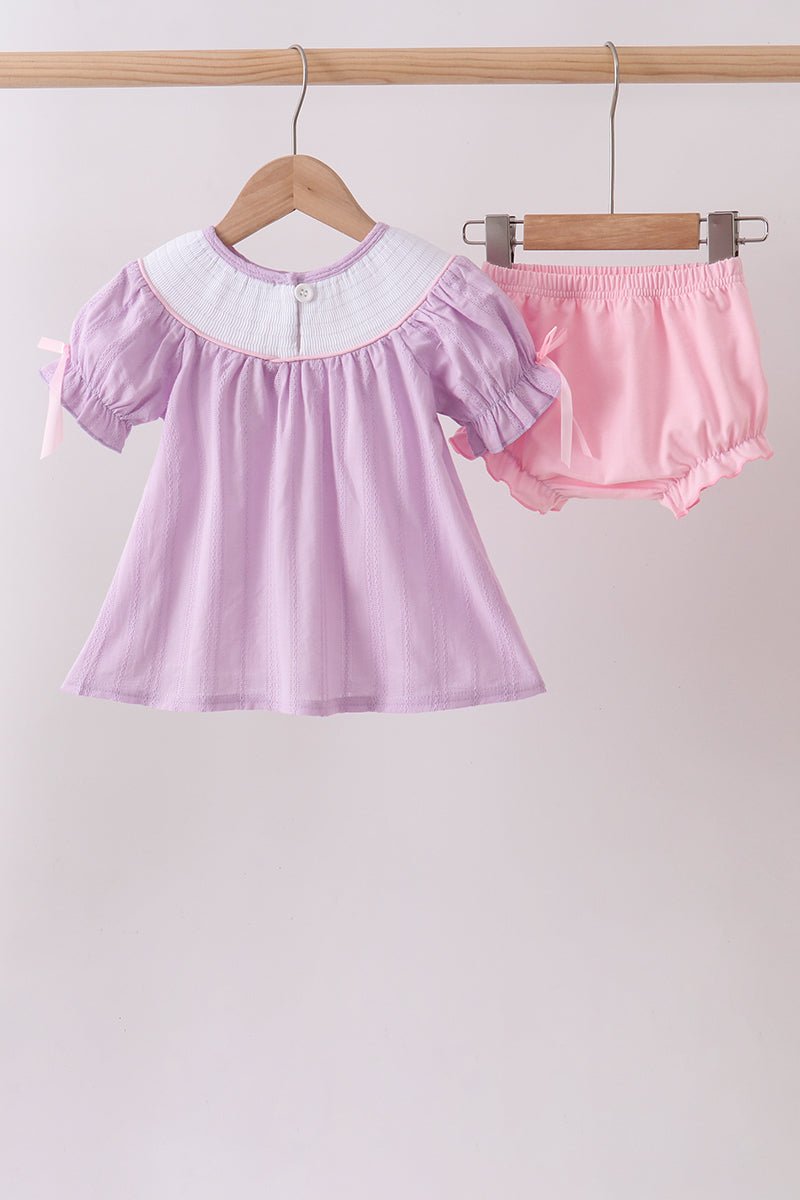 Lavender Smocked Embroidered Bow Jacquard Bloomer Set - Abbies Place