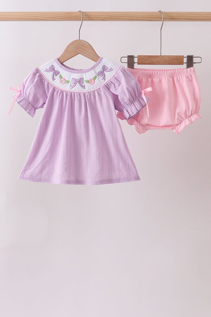 Lavender Smocked Embroidered Bow Jacquard Bloomer Set - Abbies Place
