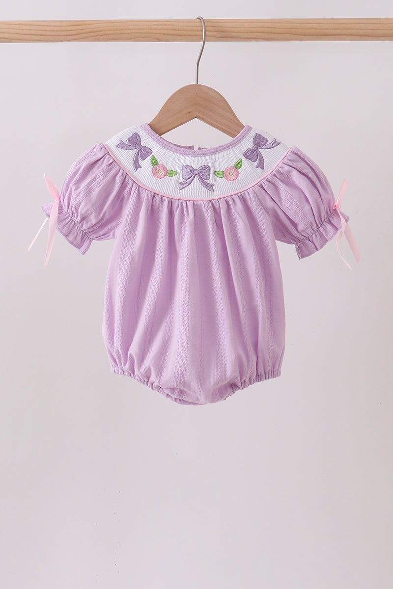Lavender Smocked Embroidered Bow Jacquard Bubble - Abbies Place