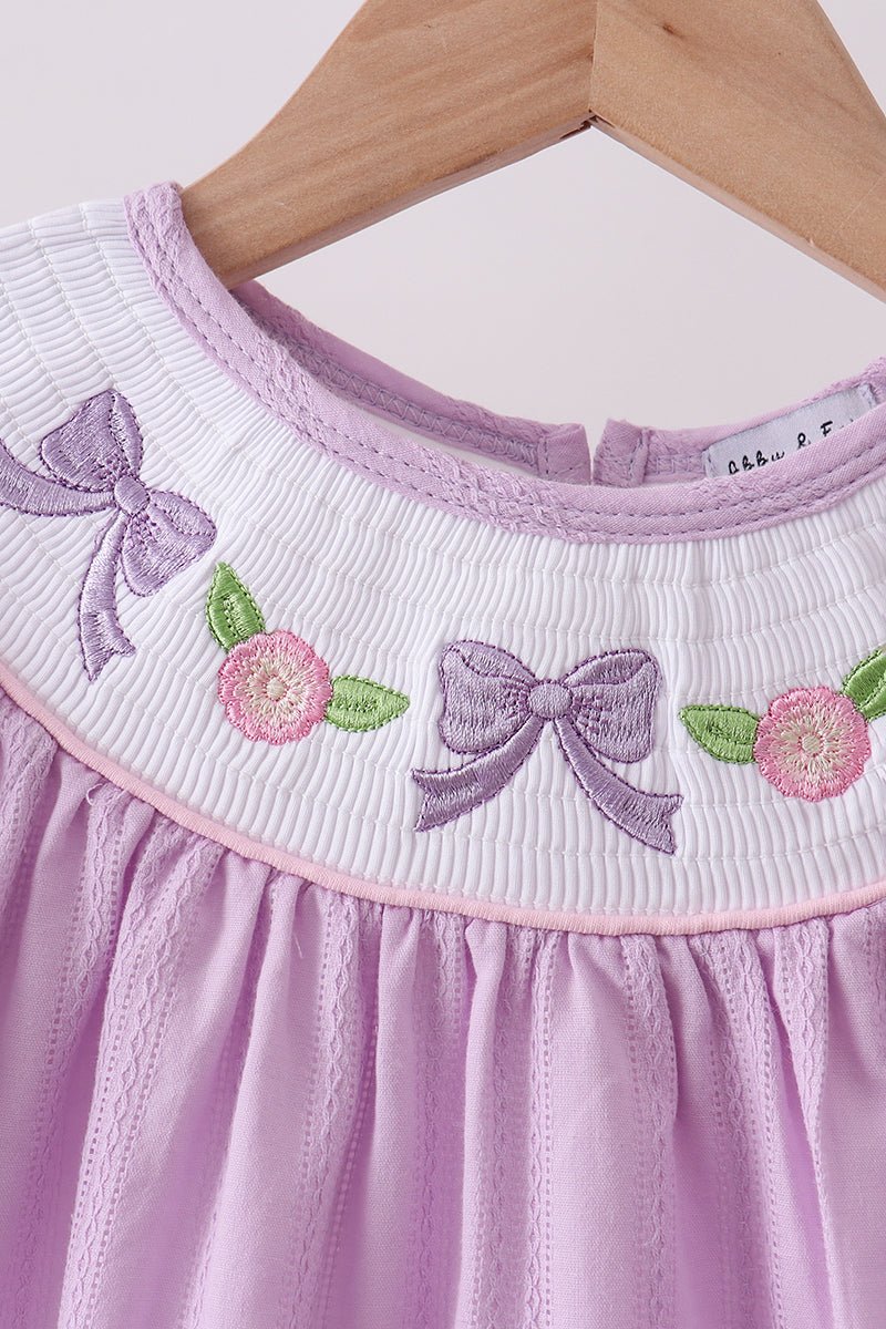 Lavender Smocked Embroidered Bow Jacquard Dress - Abbies Place