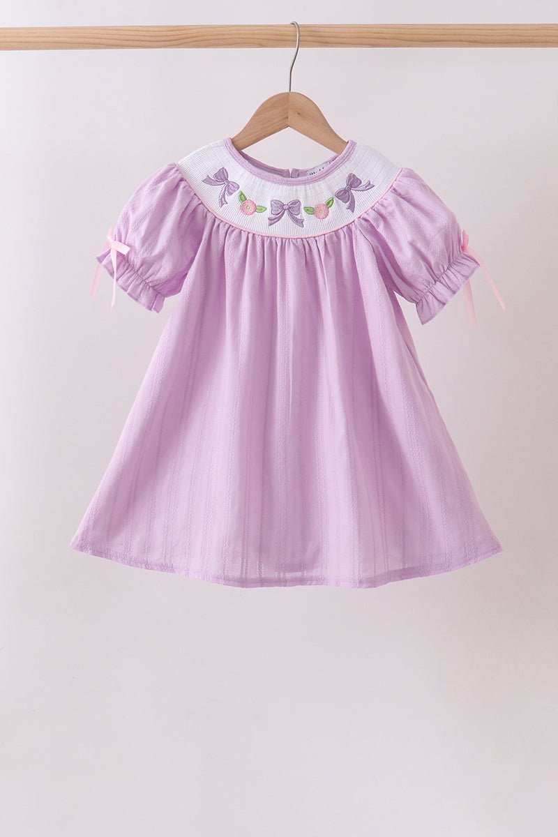 Lavender Smocked Embroidered Bow Jacquard Dress - Abbies Place