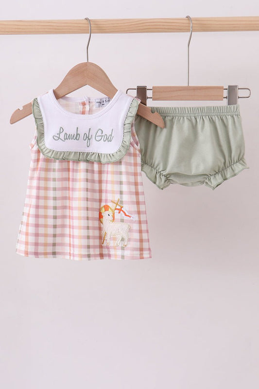 Lawb of god applique plaid bloomer set - Abbies Place