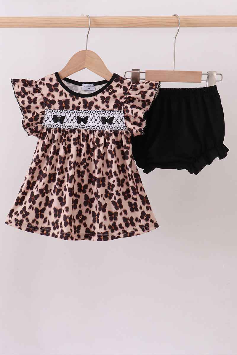 Leopard butterfly smocked ruffle bloomer set - Abbies Place