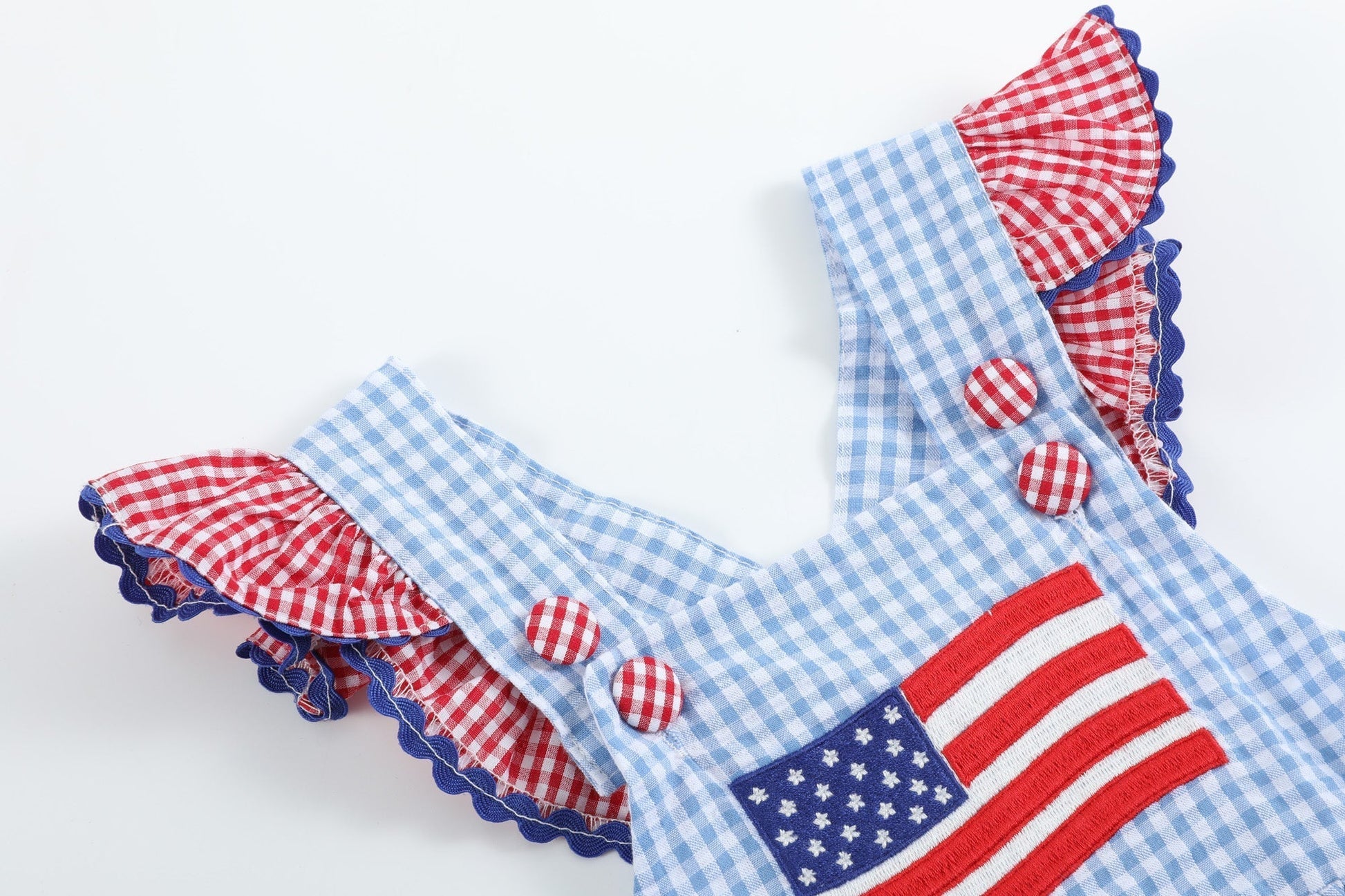 Light Blue and Red Gingham USA Flag Ruffle Romper - Abbies Place