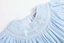 Load image into Gallery viewer, Light Blue Crosses Smocked Bishop Dress
