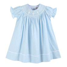 Load image into Gallery viewer, Light Blue Crosses Smocked Bishop Dress
