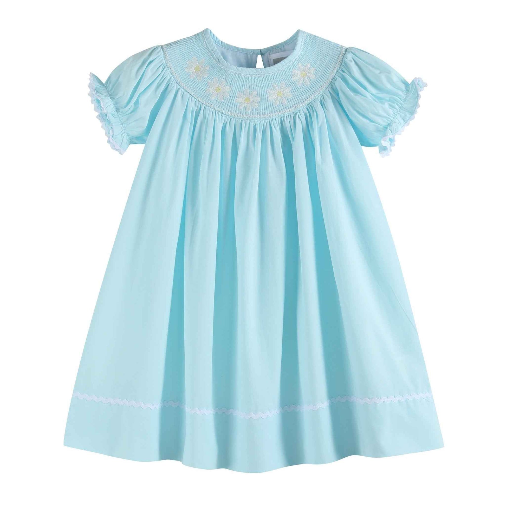 Light Blue Daisy Smocked Bishop Dress - Abbies Place