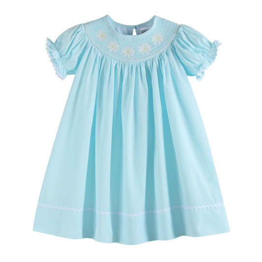 Light Blue Daisy Smocked Bishop Dress - Abbies Place