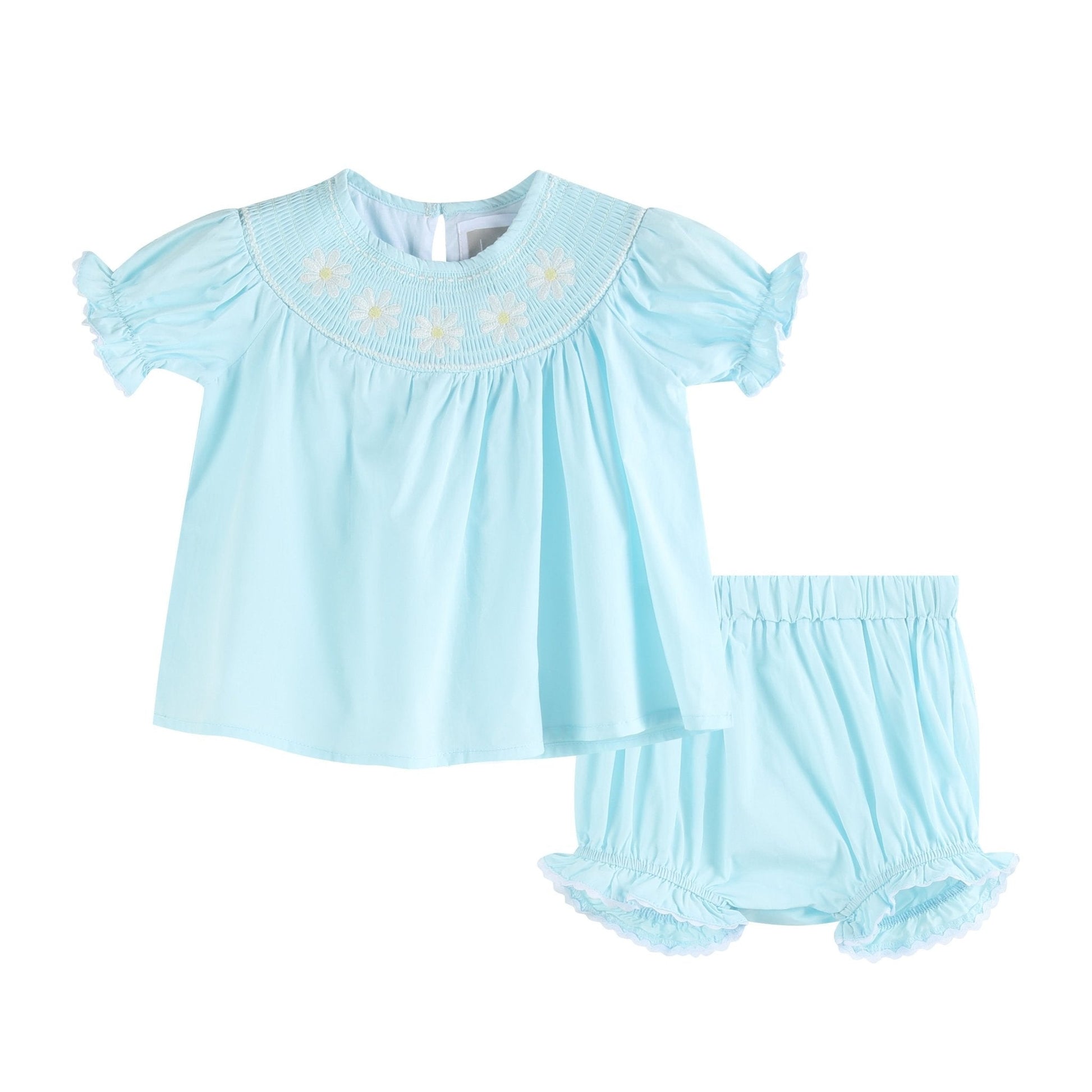 Light Blue Daisy Smocked Dress and Bloomer Set - Abbies Place