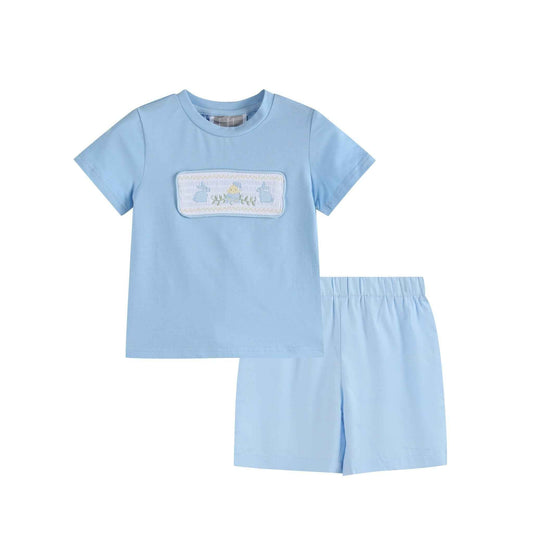 Light Blue Easter Smocked T-Shirt and Shorts Set - Abbies Place