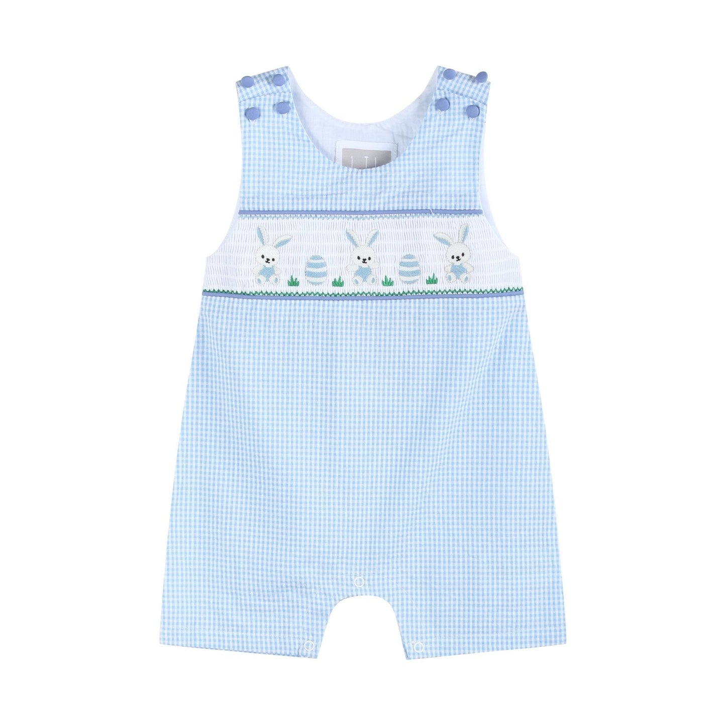 Light Blue Gingham Egg and Bunnies Smocked Shortall - Abbies Place