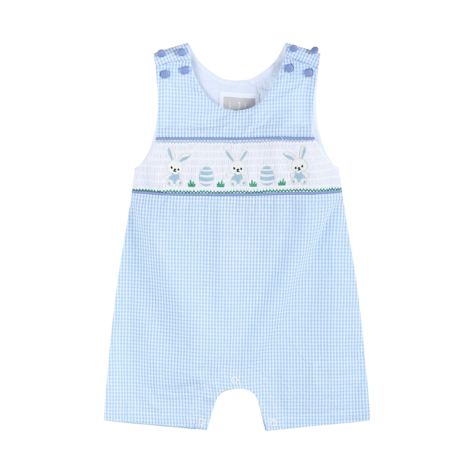 Light Blue Gingham Egg and Bunnies Smocked Shortall - Abbies Place