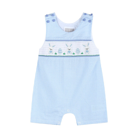 Light Blue Gingham Egg and Bunnies Smocked Shortall - Abbies Place