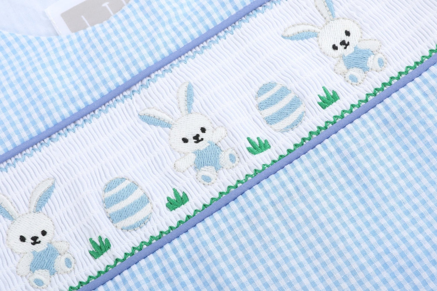 Light Blue Gingham Egg and Bunnies Smocked Shortall - Abbies Place