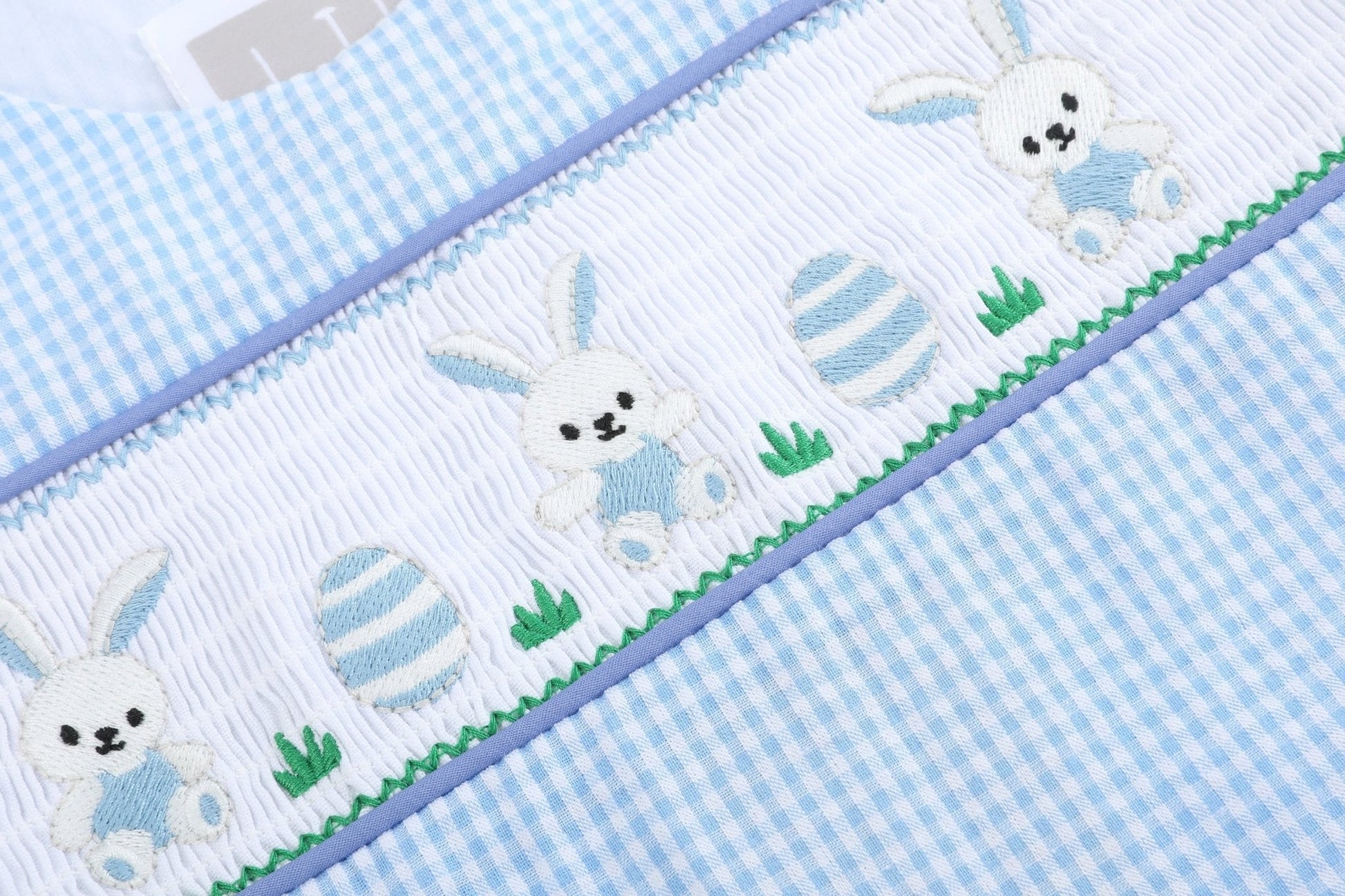 Light Blue Gingham Egg and Bunnies Smocked Shortall - Abbies Place