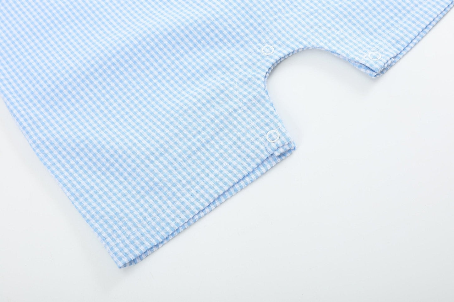 Light Blue Gingham Egg and Bunnies Smocked Shortall - Abbies Place