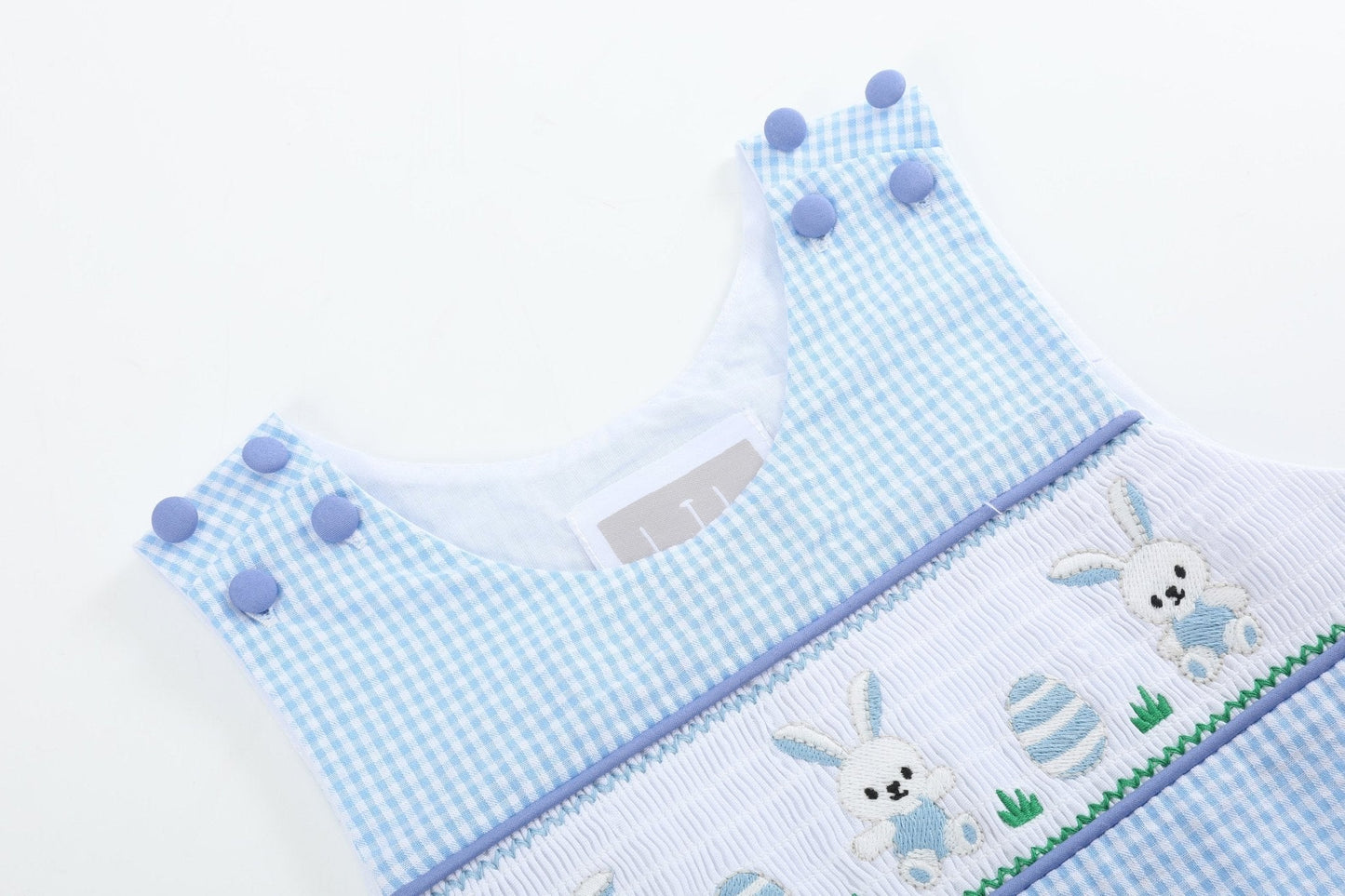 Light Blue Gingham Egg and Bunnies Smocked Shortall - Abbies Place