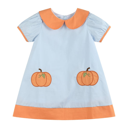Light Blue Pumpkin Applique Collared Dress - Abbies Place